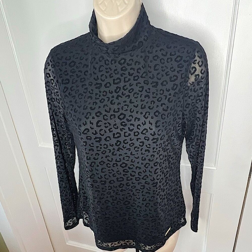 Nine West Black Sheer Mesh Top Velvet Leopard Print XS Nwt